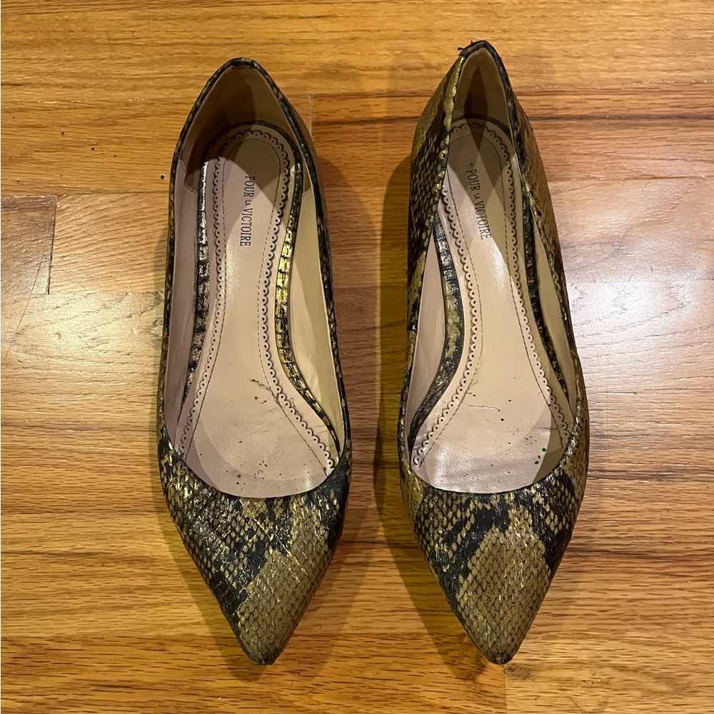 Pour La Victoire Snake-Print Pointed Flats in Brown and Black